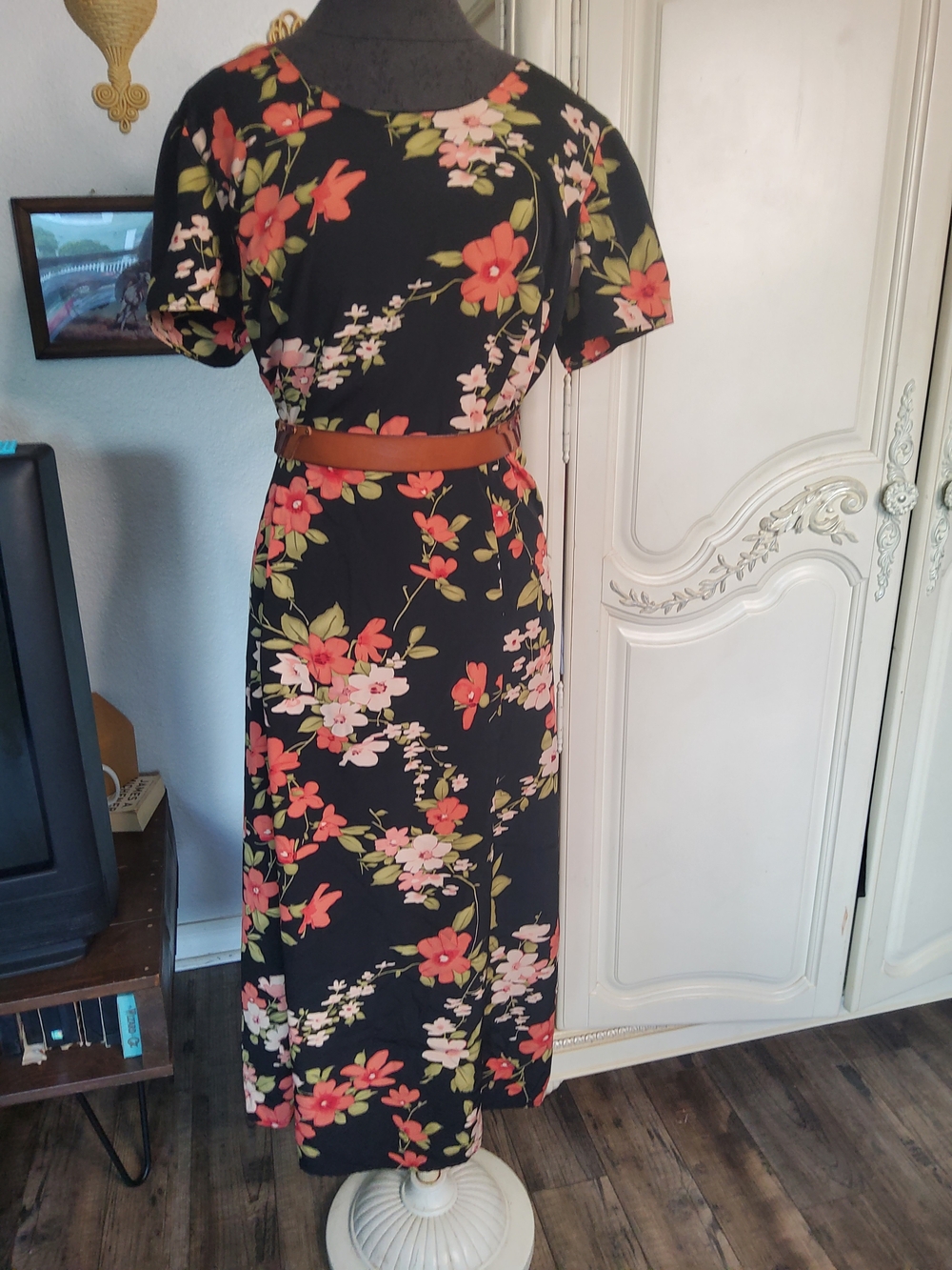 Vintage 90s Floral Black Maxi Dress with Pink & Coral Blooms